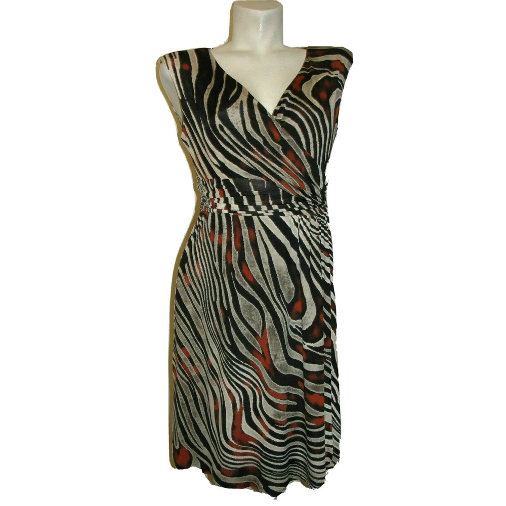 Studio I Womens Zebra Print Faux Wrap Dress Sleeveless V-Neck Rust Black Medium